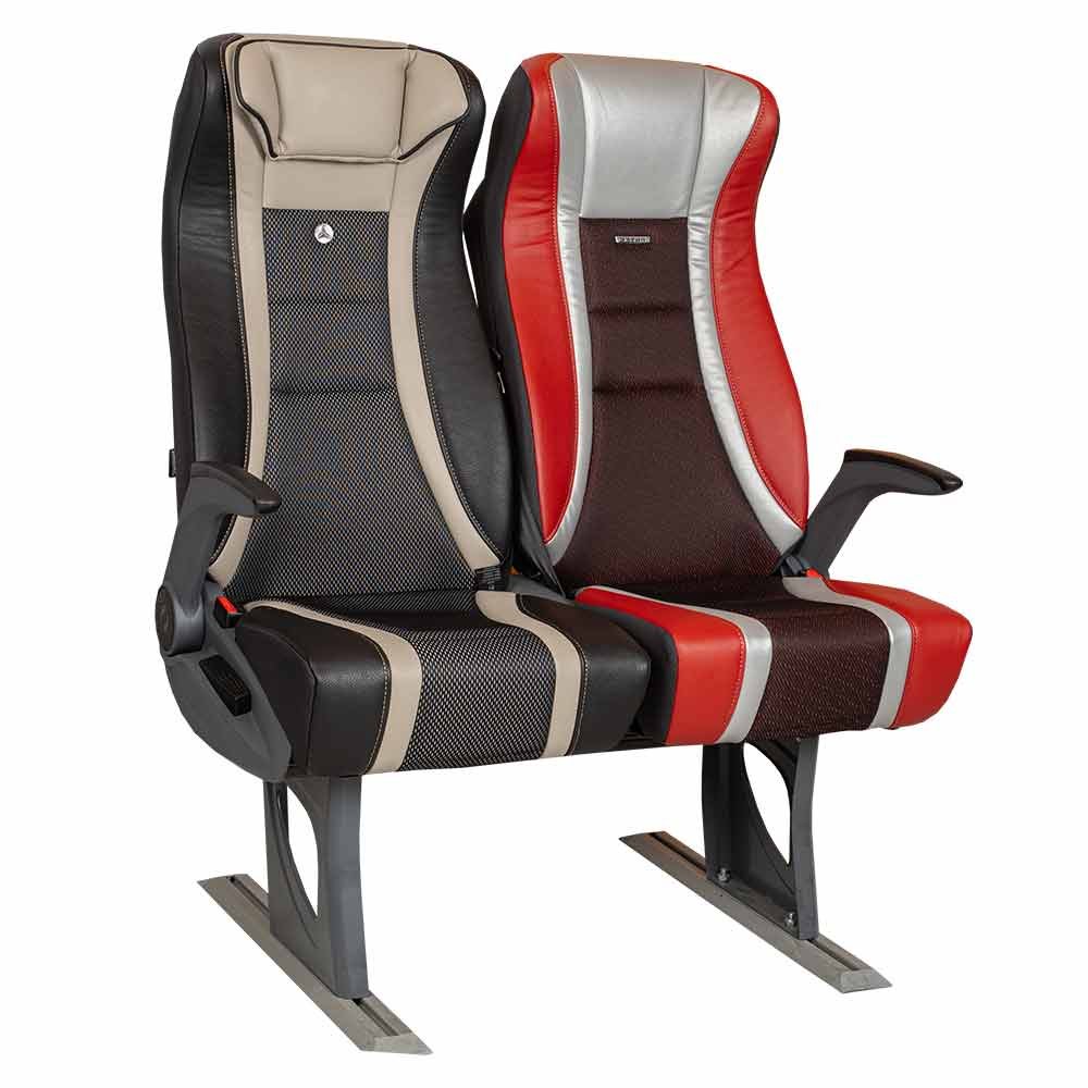 Coach seats with cream, black and red upholstery